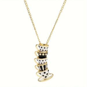 Alice in Wonderland Mad Hatter Tea Party Gold black and white pendant necklace